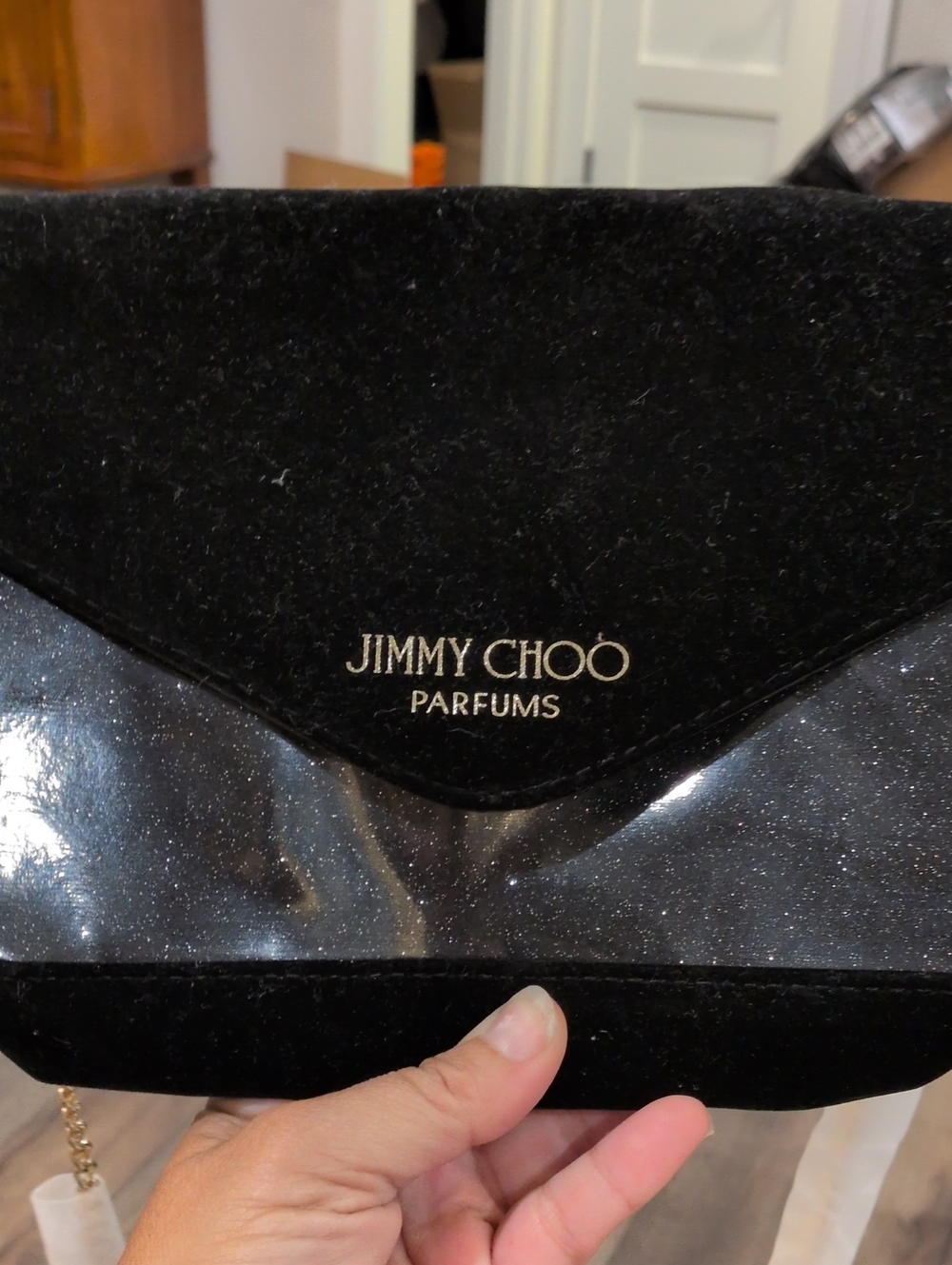 Jimmy Choo Beauty HWP Black Glitter Velvet Envelope Crossbody